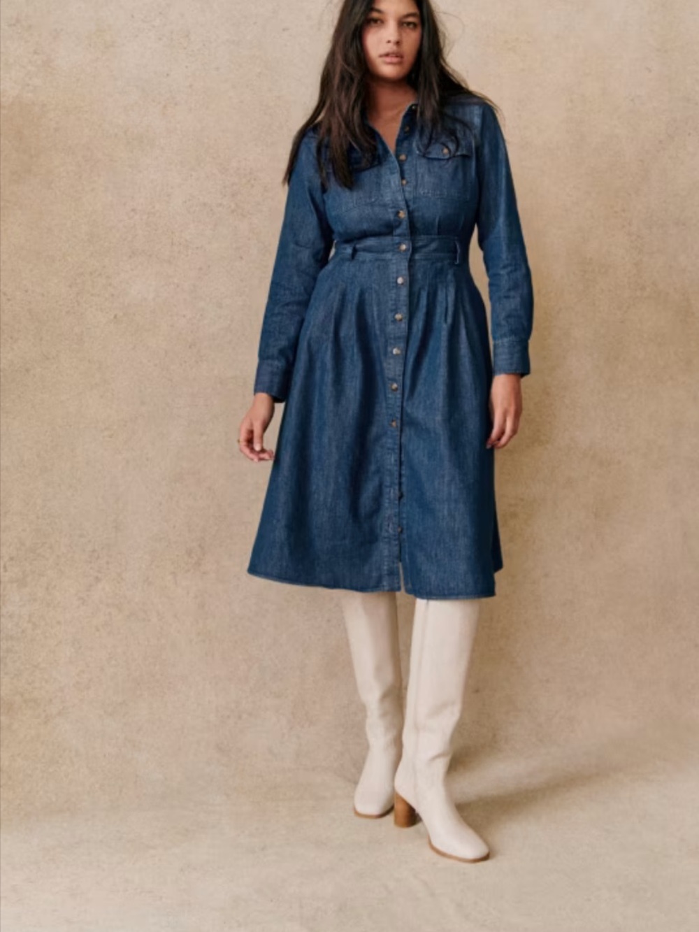 Sezane Dark Blue Denim Midi Shirt Dress